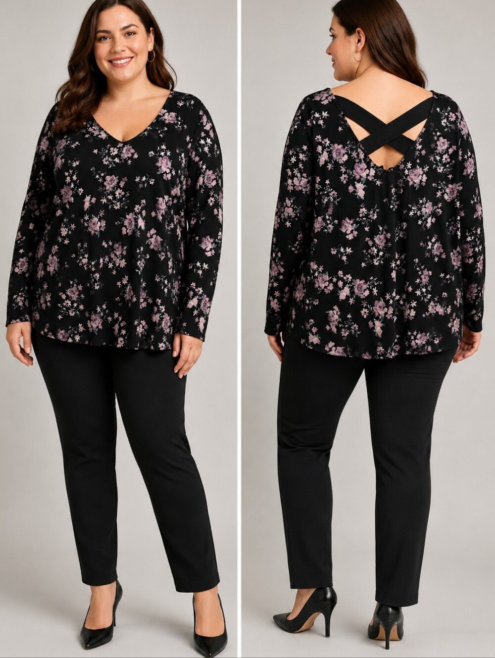 Love & Legend  Black Floral Cross-Back Blouse - Plus Size 3X